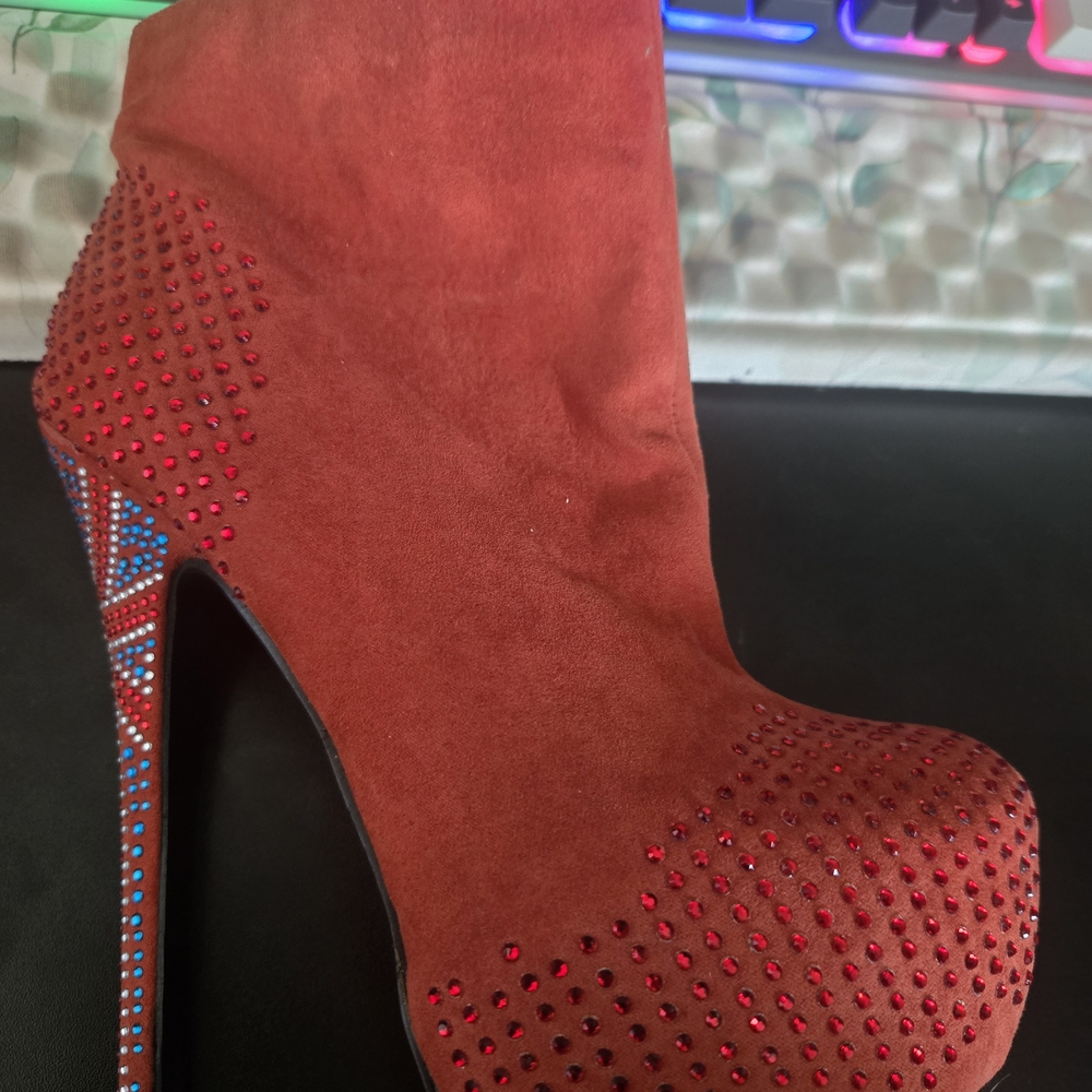 Privileged Red Suede Rhinestone Platform Ankle Boots-1 Pair